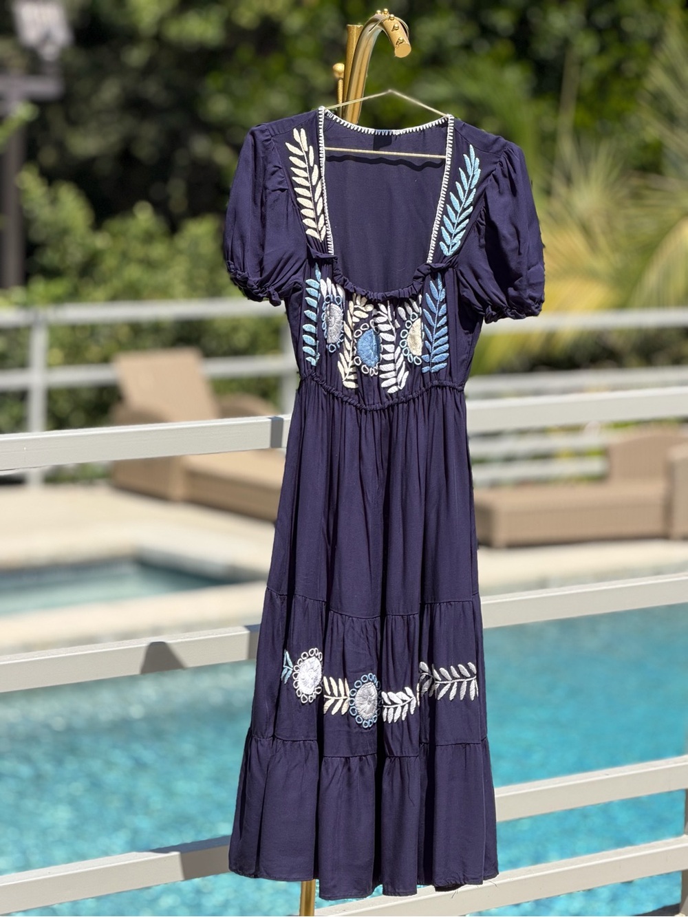 Embroidered Navy Midi Dress with Puff Sleeves